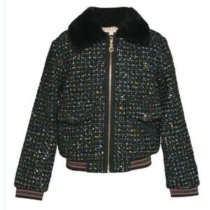 Truly Me Twill Faux Fur Collar Sequin Jacket Cardigan Full Zip Kids Girls 3T